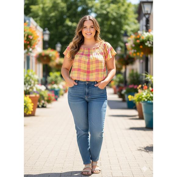 Torrid Womens 3X Boho Feminine Cottagecore Western Plaid Smocked Flutter Blouse - Picture 2 of 11